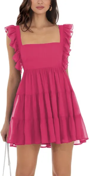 Womens Square Neck Tie Back Ruffle Sleeve Tiered Summer Casual A-Line Chiffon Mini Dress Pink S