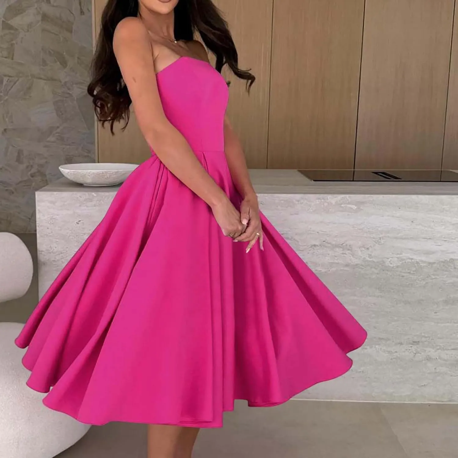 Women's Strapless Sleeveless Midi Tube Dress Elegant Casual A-Line Swing Pleated Cocktail Party Wedding Guest Dresses