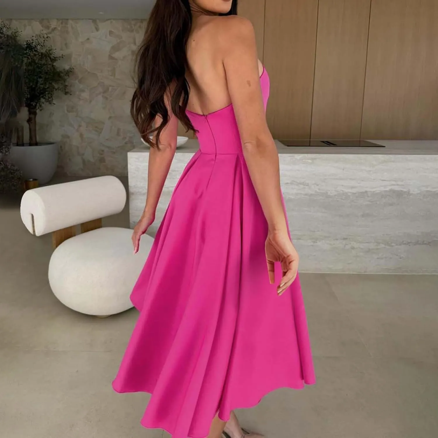 Women's Strapless Sleeveless Midi Tube Dress Elegant Casual A-Line Swing Pleated Cocktail Party Wedding Guest Dresses