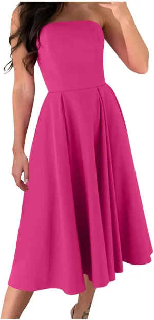 Women's Strapless Sleeveless Midi Tube Dress Elegant Casual A-Line Swing Pleated Cocktail Party Wedding Guest Dresses