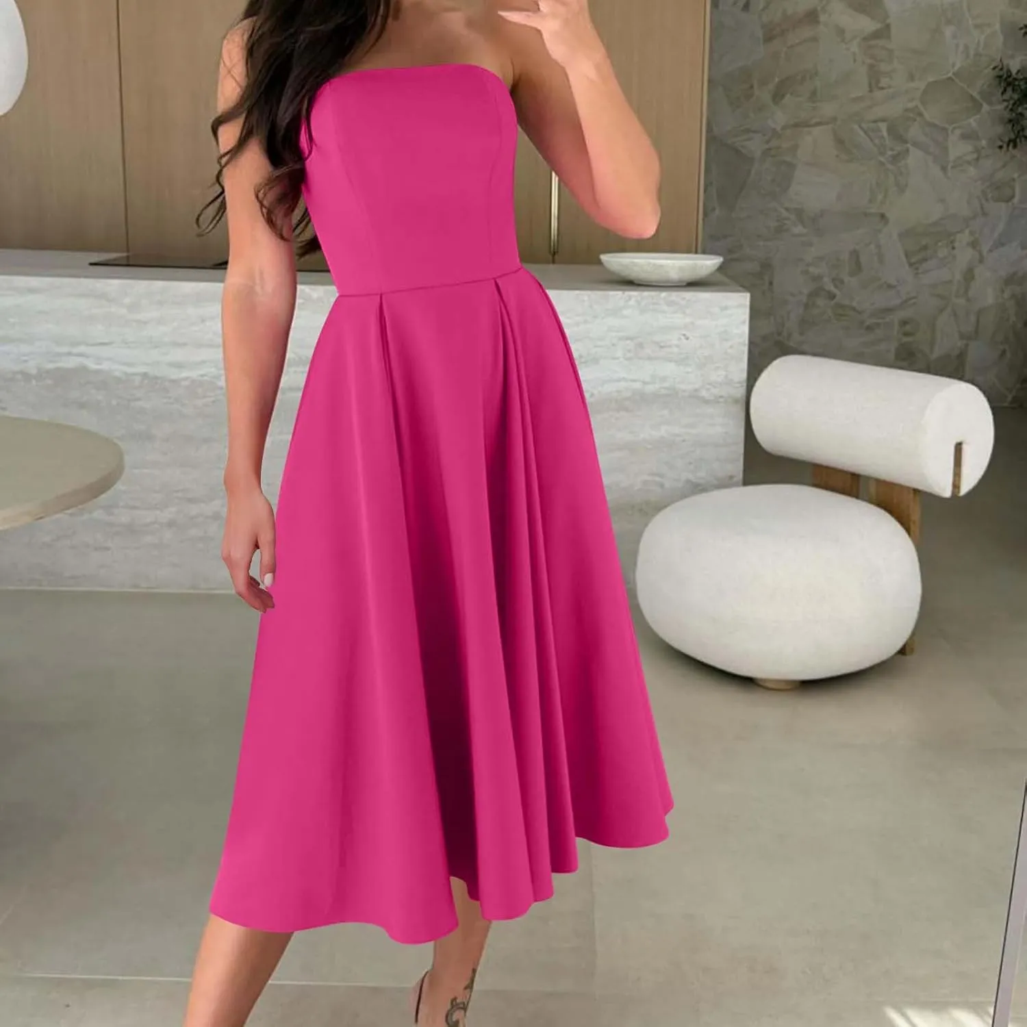 Women's Strapless Sleeveless Midi Tube Dress Elegant Casual A-Line Swing Pleated Cocktail Party Wedding Guest Dresses