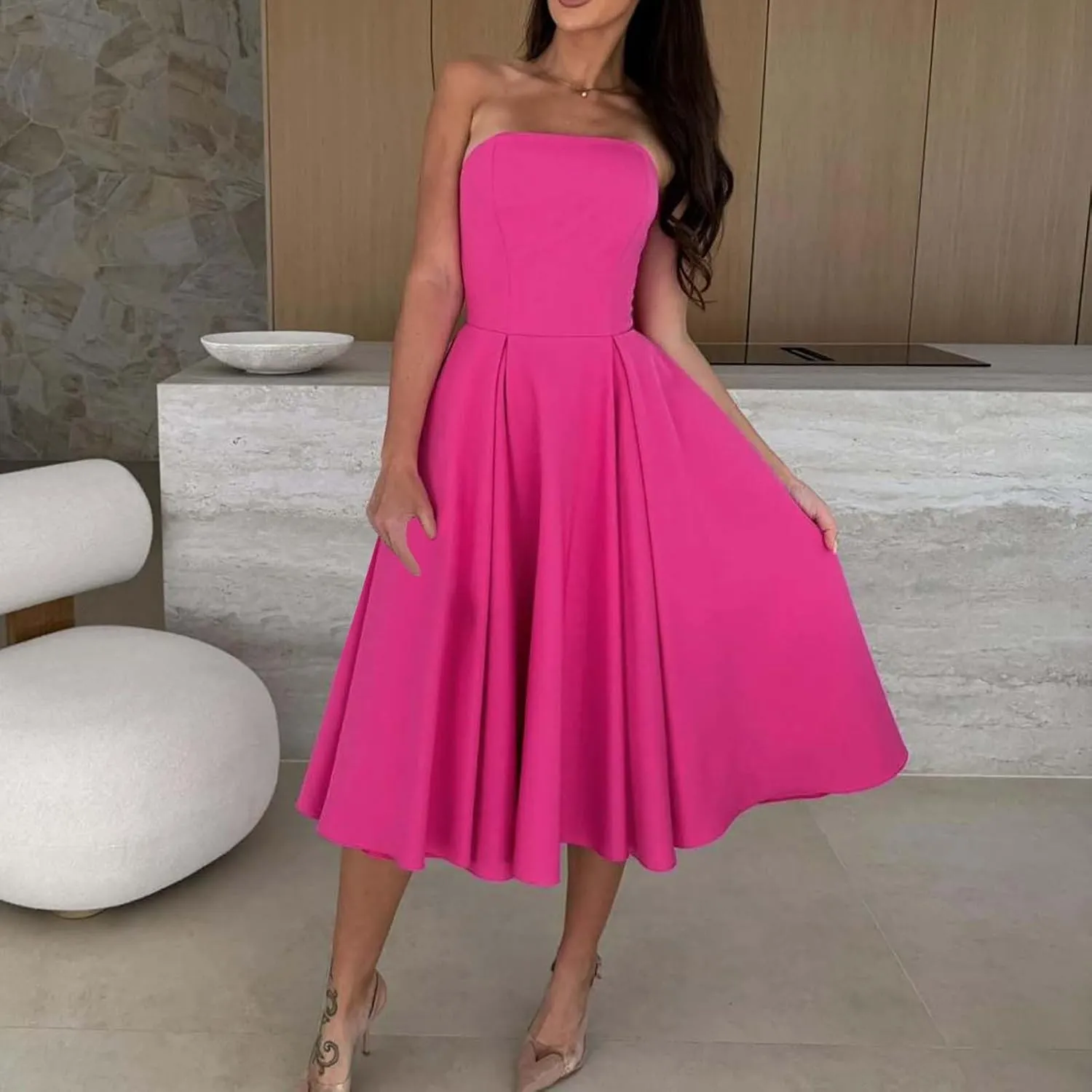 Women's Strapless Sleeveless Midi Tube Dress Elegant Casual A-Line Swing Pleated Cocktail Party Wedding Guest Dresses