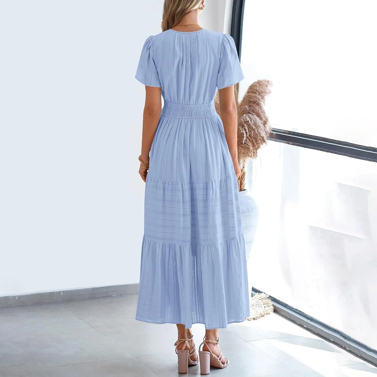 Womens Summer 2025 Casual Midi Maxi Dresses Lightweight Short Sleeve V Neck Elastic Waist Mid Length