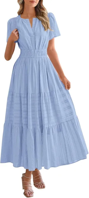 Womens Summer 2025 Casual Midi Maxi Dresses Lightweight Short Sleeve V Neck Elastic Waist Mid Length