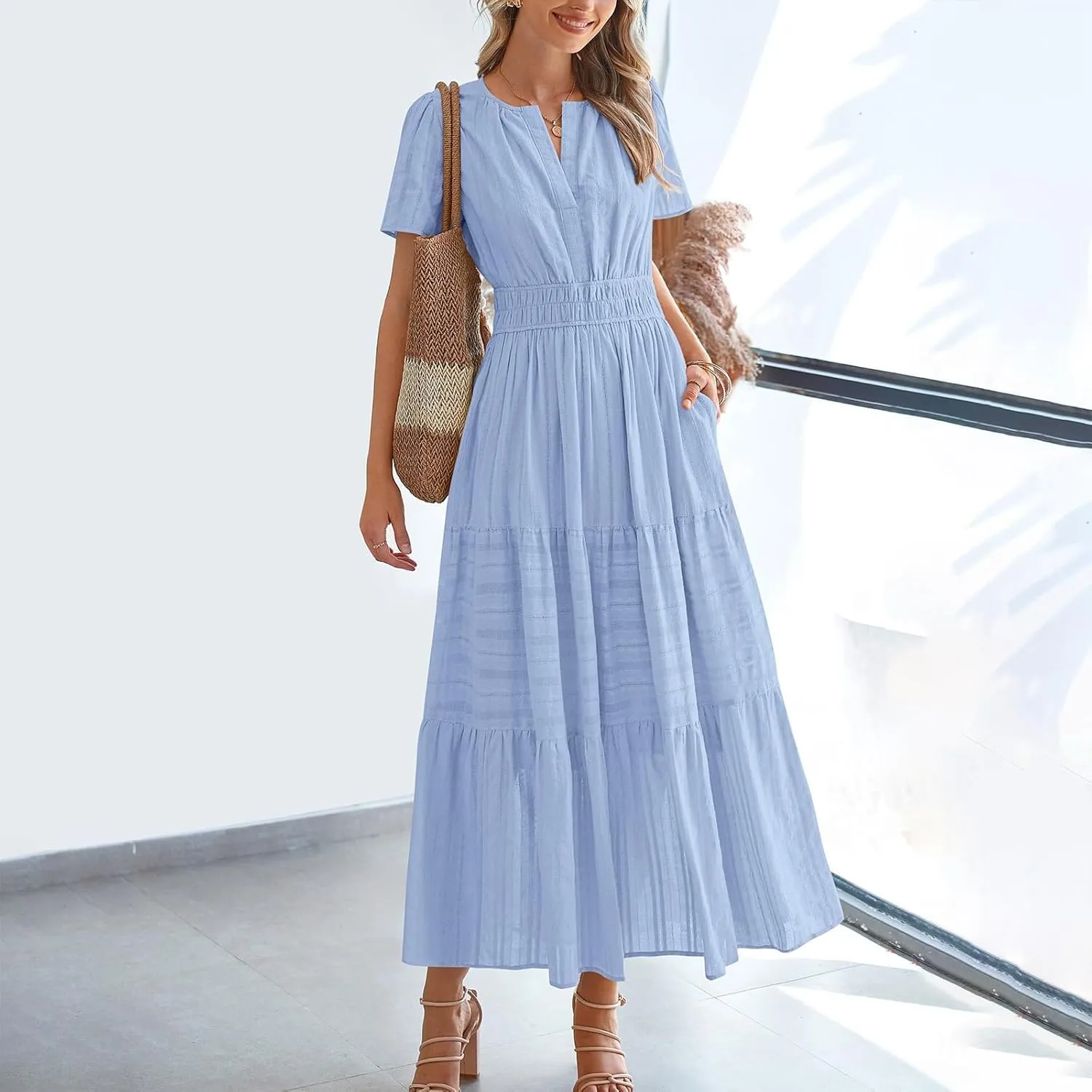 Womens Summer 2025 Casual Midi Maxi Dresses Lightweight Short Sleeve V Neck Elastic Waist Mid Length