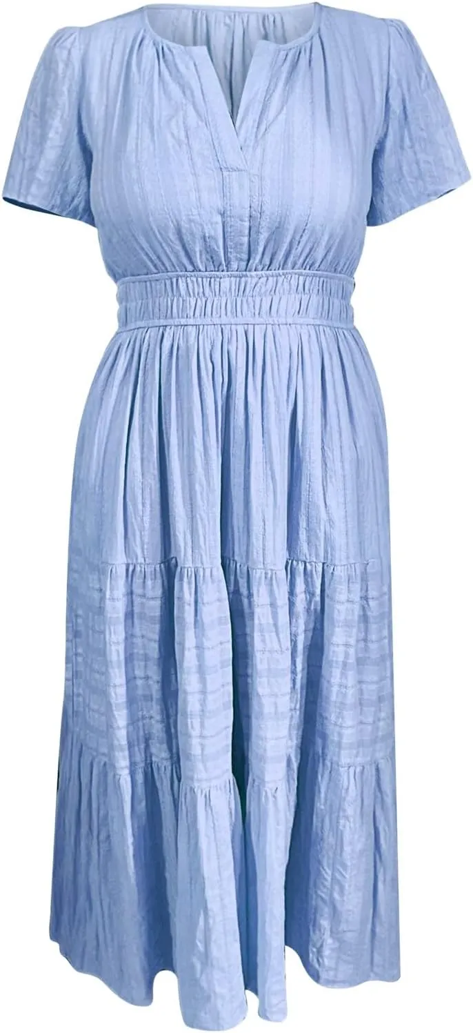Womens Summer 2025 Casual Midi Maxi Dresses Lightweight Short Sleeve V Neck Elastic Waist Mid Length