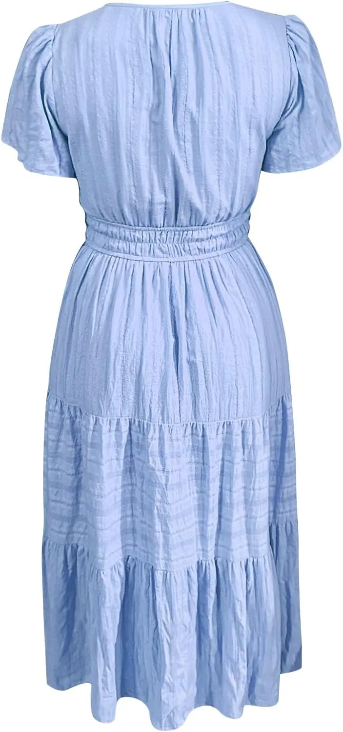 Womens Summer 2025 Casual Midi Maxi Dresses Lightweight Short Sleeve V Neck Elastic Waist Mid Length