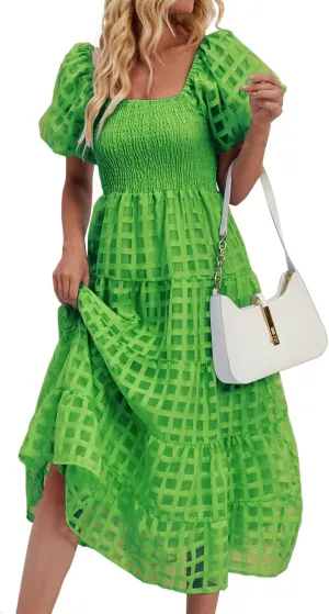 Women's Summer Boho Floral Print Long Dresses Square Neck Ruffle Short Sleeve Swing Beach Maxi Dress for Spring