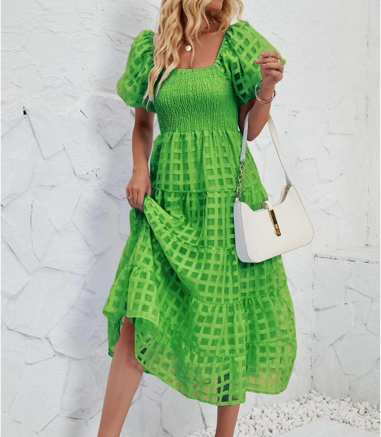 Women's Summer Boho Floral Print Long Dresses Square Neck Ruffle Short Sleeve Swing Beach Maxi Dress for Spring