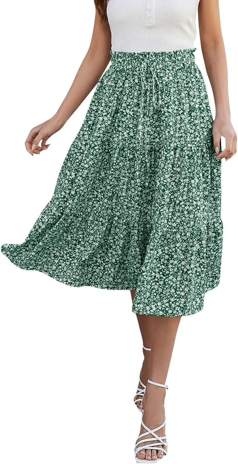 Women's Summer Boho Floral Print Long Skirt A-Line Flowy Ruffle Tiered Elastic High Waisted Beach Vacation Maxi Skirt