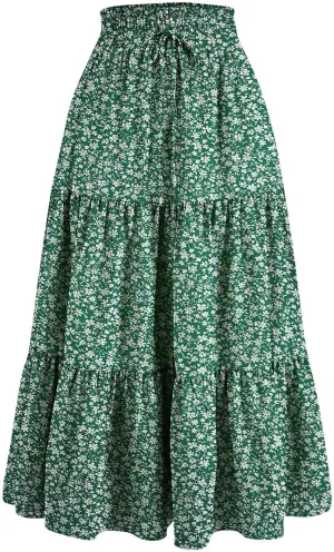 Women's Summer Boho Floral Print Long Skirt A-Line Flowy Ruffle Tiered Elastic High Waisted Beach Vacation Maxi Skirt