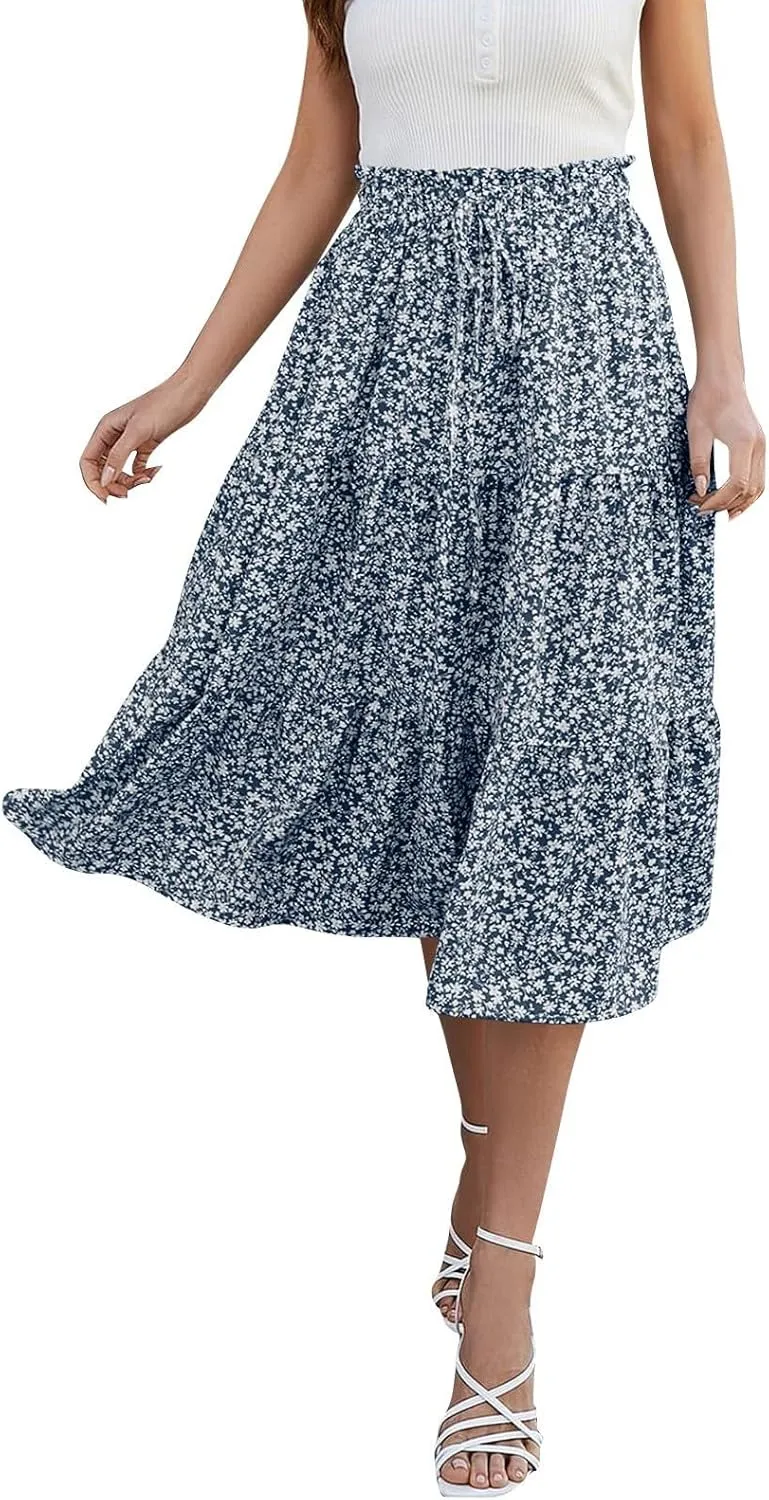Women's Summer Boho Floral Print Long Skirt A-Line Flowy Ruffle Tiered Elastic High Waisted Beach Vacation Maxi Skirt