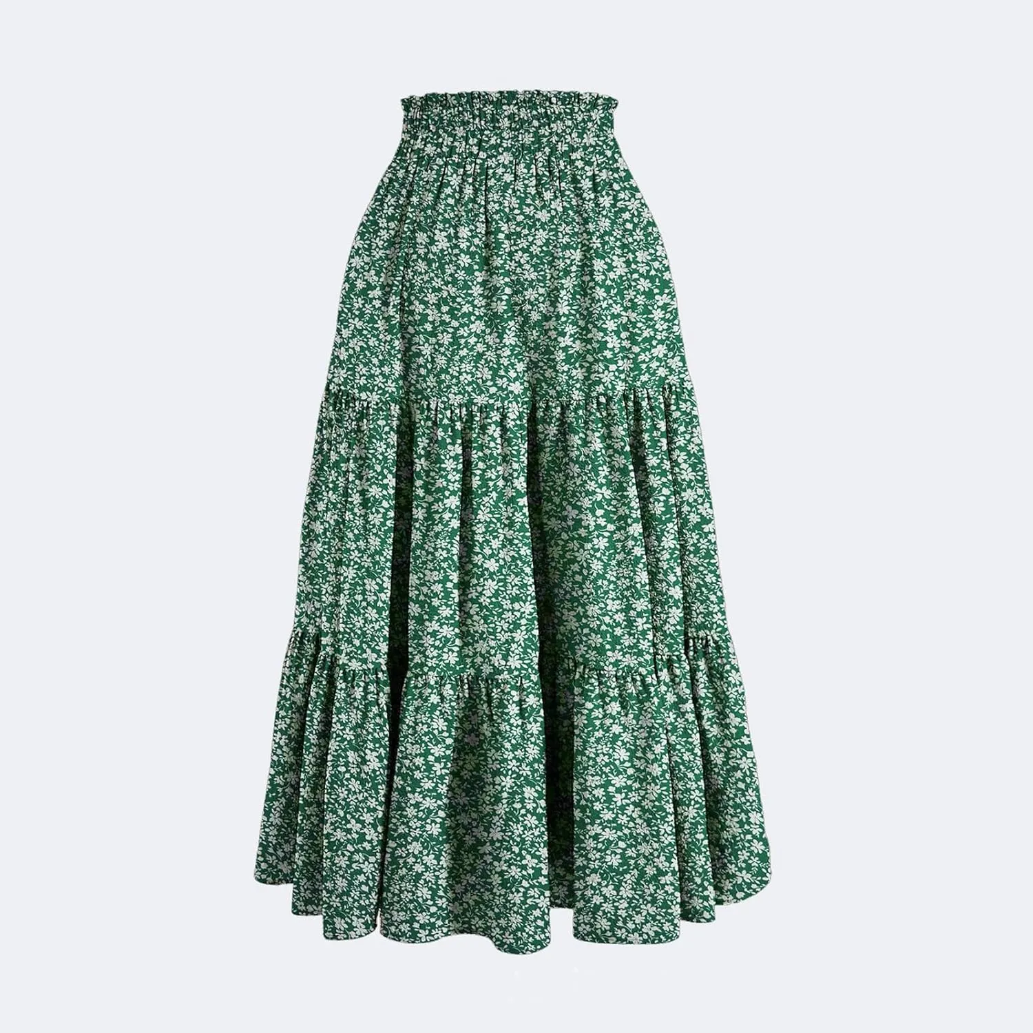 Women's Summer Boho Floral Print Long Skirt A-Line Flowy Ruffle Tiered Elastic High Waisted Beach Vacation Maxi Skirt