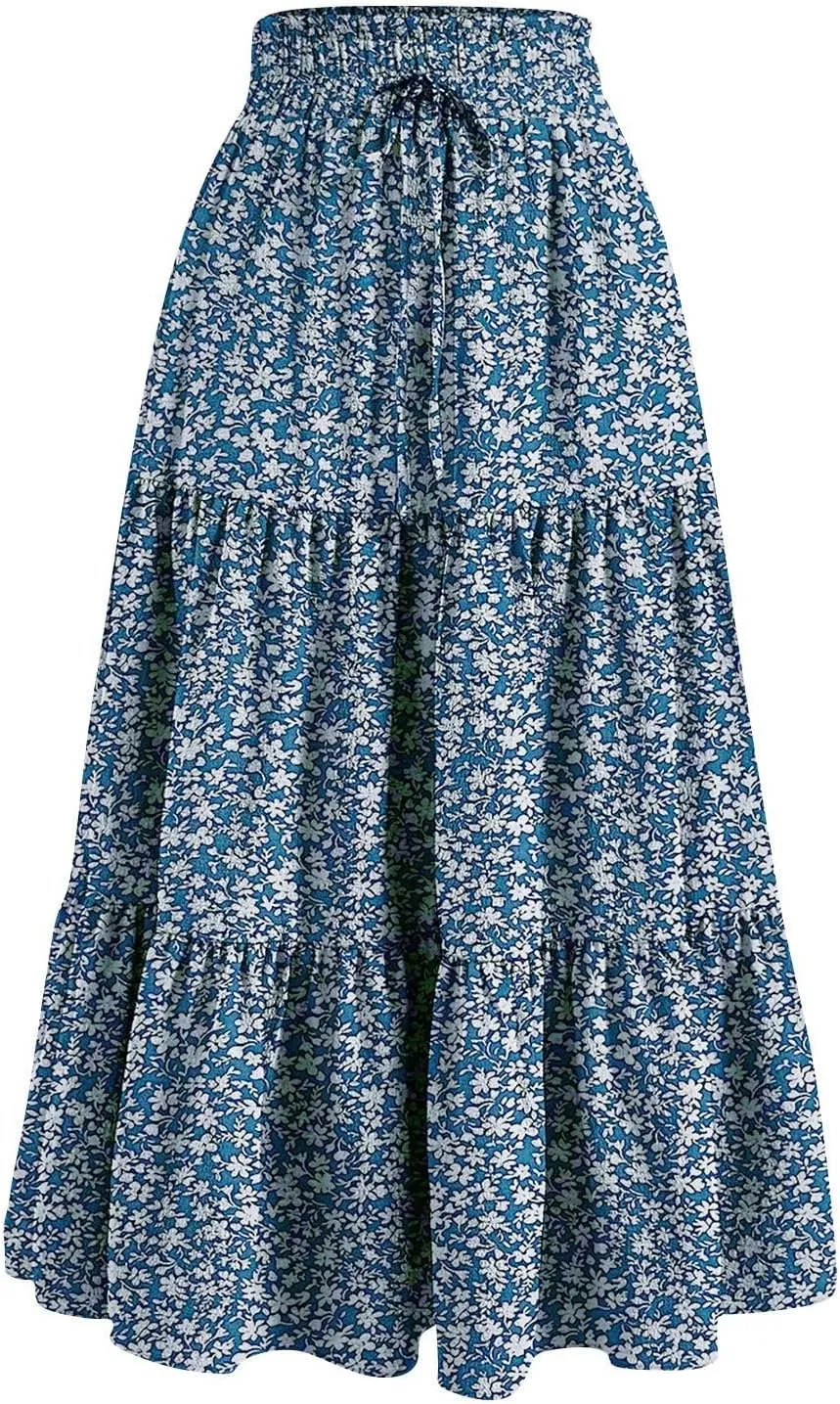 Women's Summer Boho Floral Print Long Skirt A-Line Flowy Ruffle Tiered Elastic High Waisted Beach Vacation Maxi Skirt