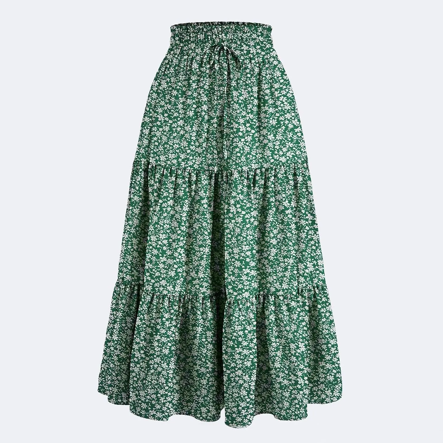 Women's Summer Boho Floral Print Long Skirt A-Line Flowy Ruffle Tiered Elastic High Waisted Beach Vacation Maxi Skirt