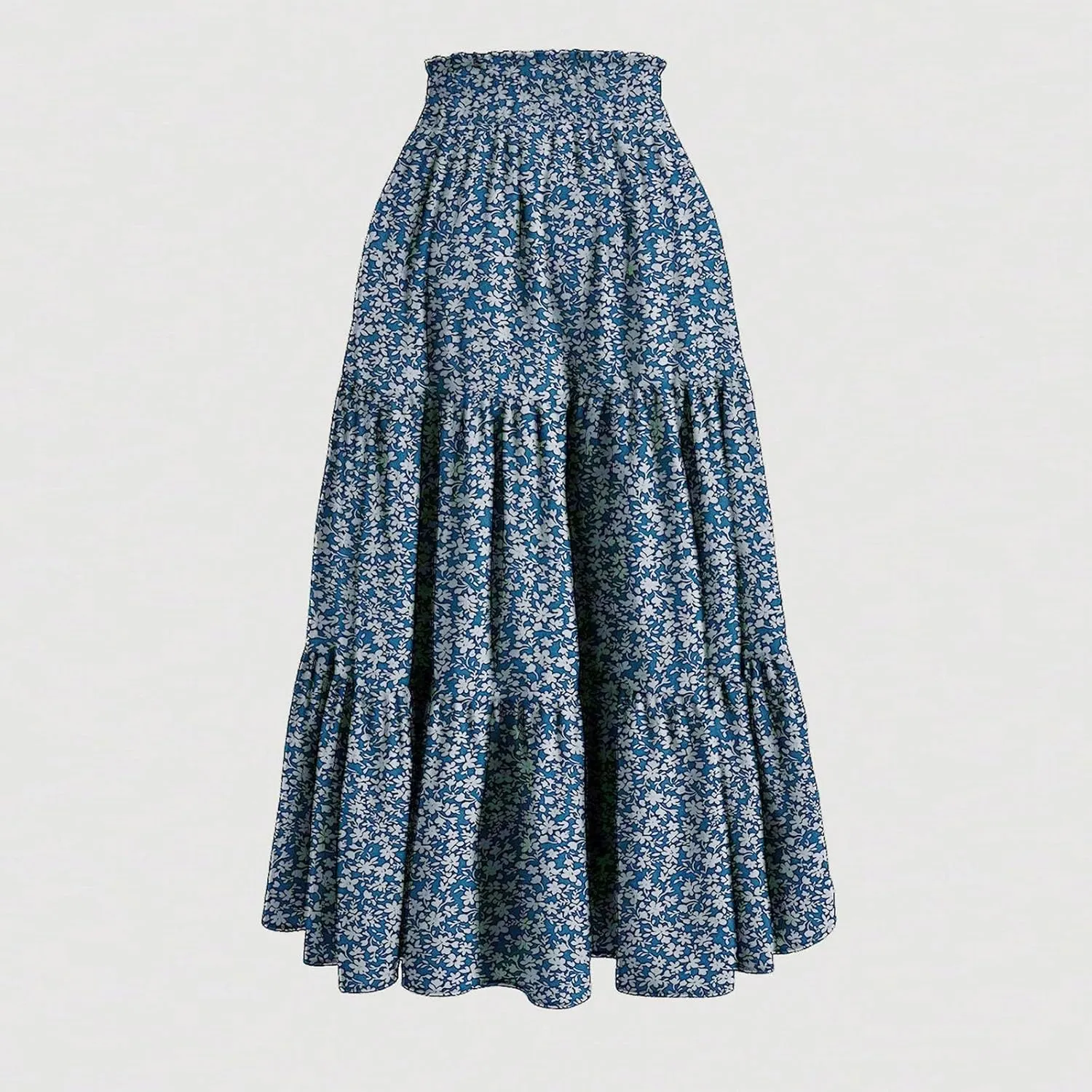 Women's Summer Boho Floral Print Long Skirt A-Line Flowy Ruffle Tiered Elastic High Waisted Beach Vacation Maxi Skirt