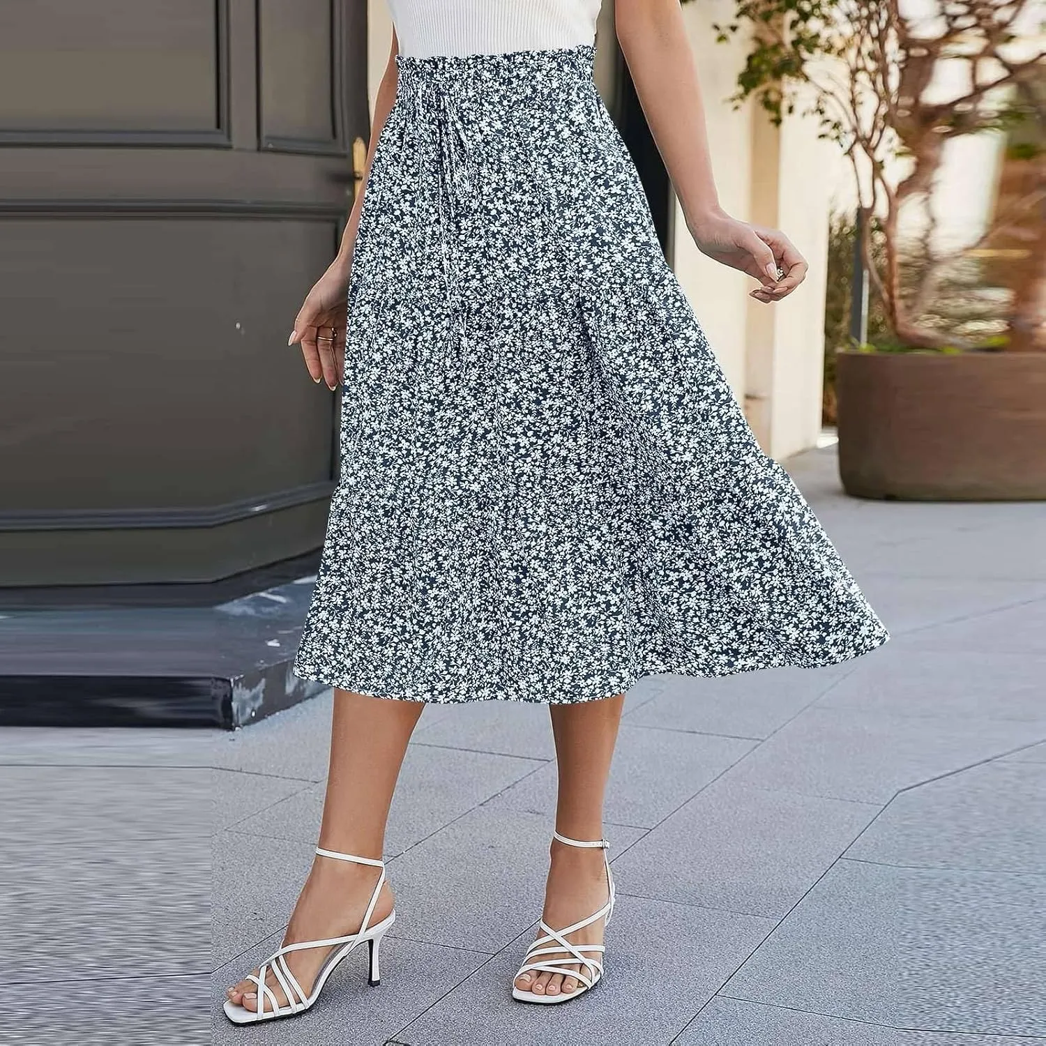 Women's Summer Boho Floral Print Long Skirt A-Line Flowy Ruffle Tiered Elastic High Waisted Beach Vacation Maxi Skirt