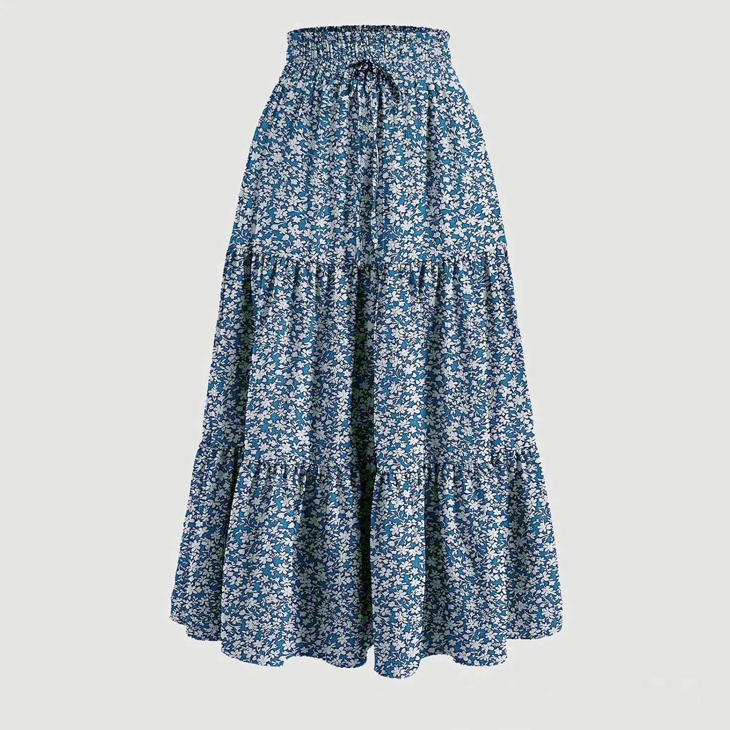 Women's Summer Boho Floral Print Long Skirt A-Line Flowy Ruffle Tiered Elastic High Waisted Beach Vacation Maxi Skirt