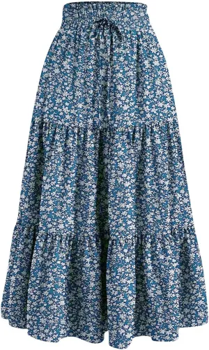 Women's Summer Boho Floral Print Long Skirt A-Line Flowy Ruffle Tiered Elastic High Waisted Beach Vacation Maxi Skirt