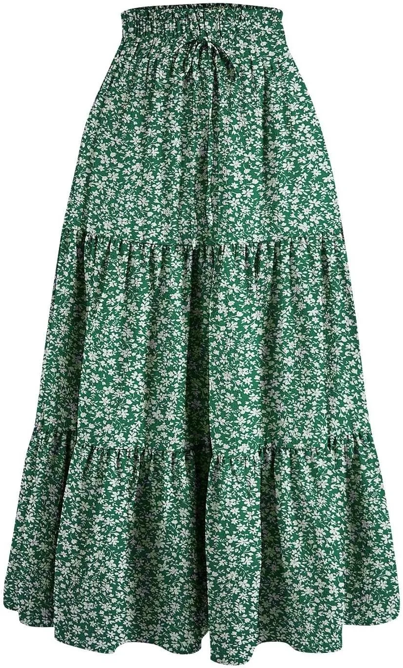 Women's Summer Boho Floral Print Long Skirt A-Line Flowy Ruffle Tiered Elastic High Waisted Beach Vacation Maxi Skirt