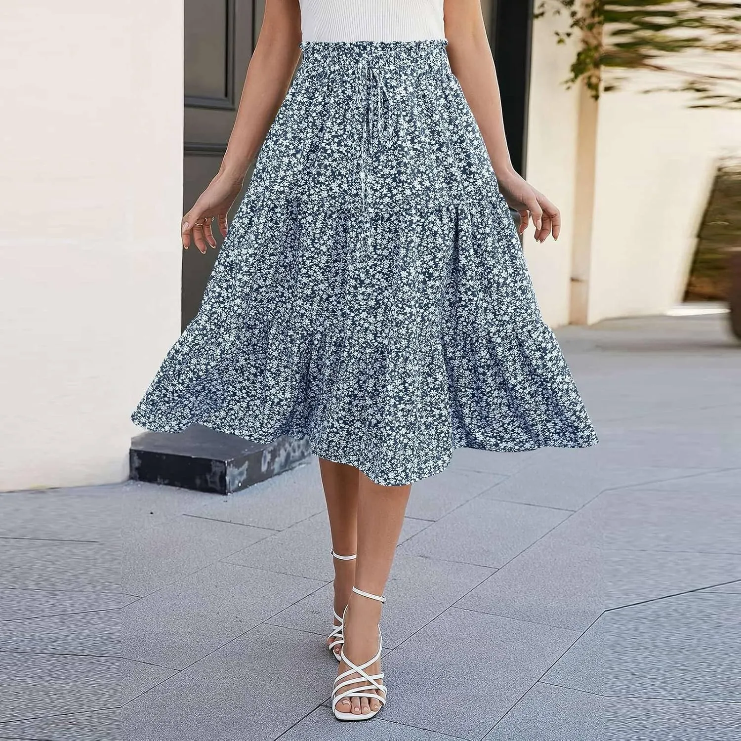 Women's Summer Boho Floral Print Long Skirt A-Line Flowy Ruffle Tiered Elastic High Waisted Beach Vacation Maxi Skirt