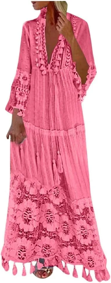 Women's Summer Boho Maxi Dress Plus Size Lace Crochet Tassel V-Neck Long Dress Ladies Casual Vacation Beach Dresses