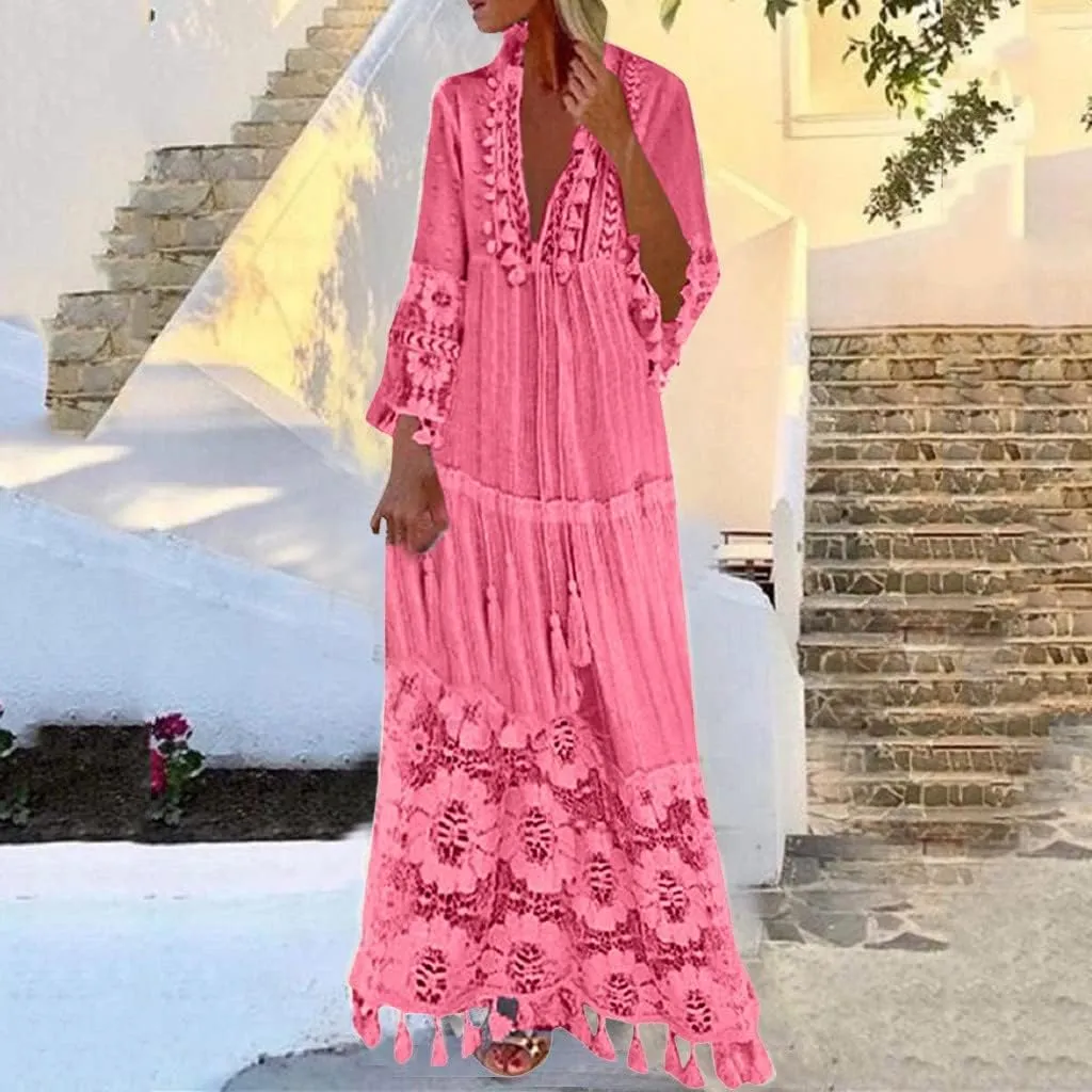 Women's Summer Boho Maxi Dress Plus Size Lace Crochet Tassel V-Neck Long Dress Ladies Casual Vacation Beach Dresses