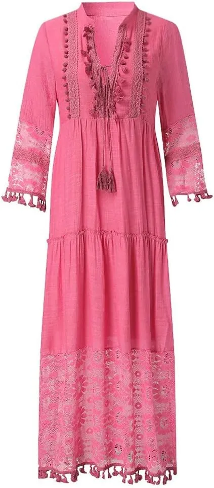 Women's Summer Boho Maxi Dress Plus Size Lace Crochet Tassel V-Neck Long Dress Ladies Casual Vacation Beach Dresses
