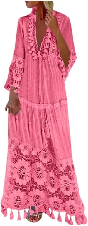 Women's Summer Boho Maxi Dress Plus Size Lace Crochet Tassel V-Neck Long Dress Ladies Casual Vacation Beach Dresses