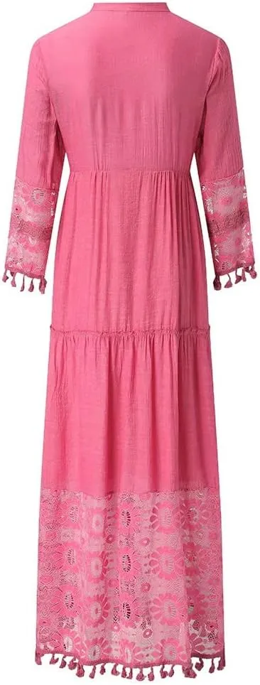 Women's Summer Boho Maxi Dress Plus Size Lace Crochet Tassel V-Neck Long Dress Ladies Casual Vacation Beach Dresses