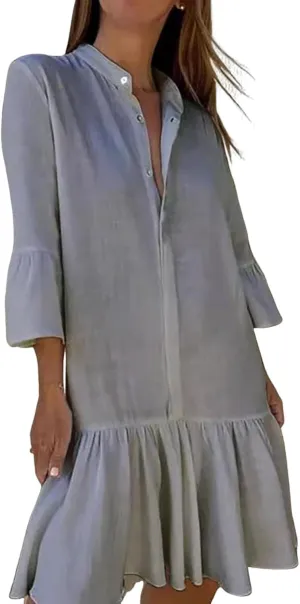 Womens Summer Button Down Shirt Dress Casual Loose Modest Long Ruffle Dresses Sexy V Neck Sundress Beach Dress