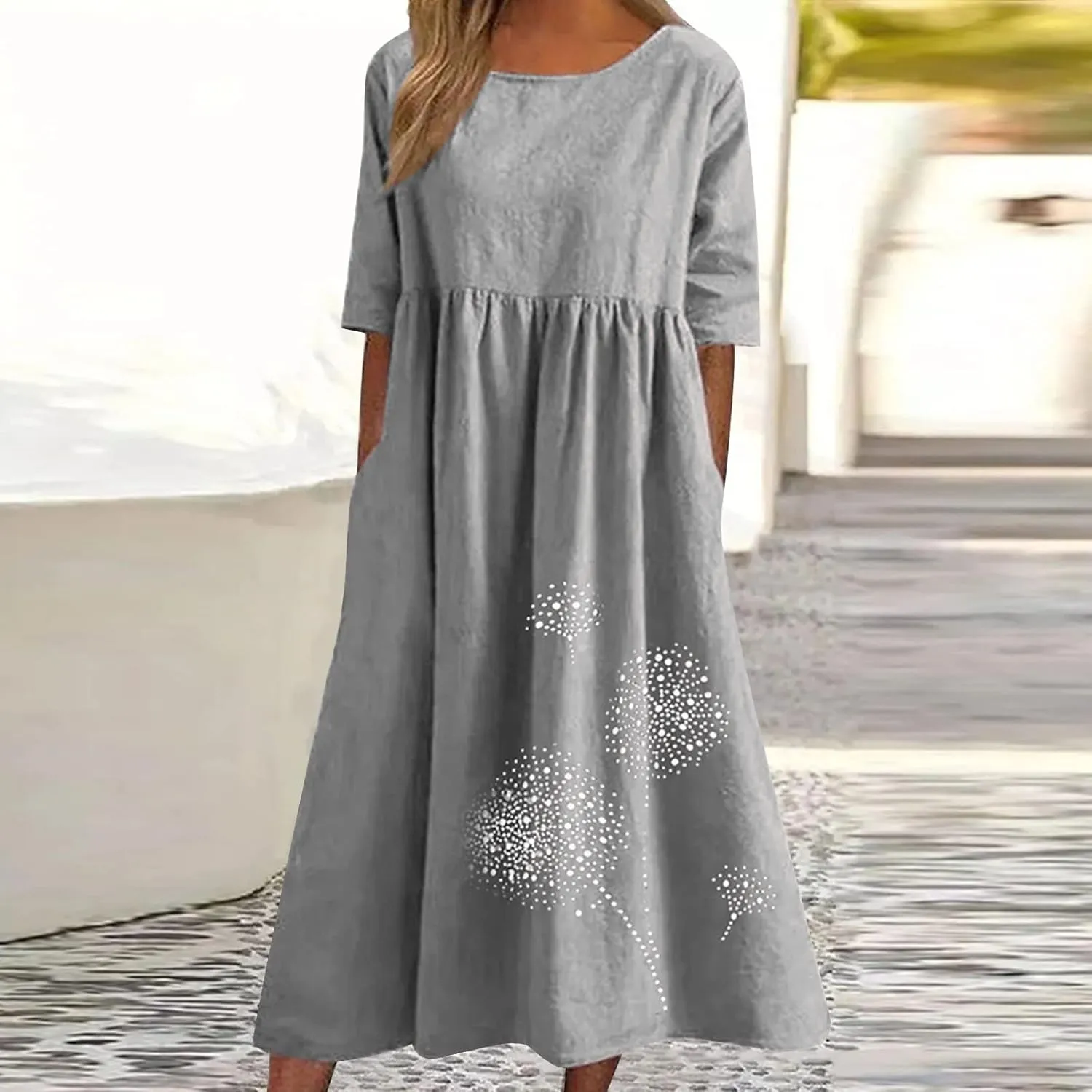 Womens Summer Casual Cotton Linen Boho Dress Short Sleeve Linen Maxi Dresses Loose Plus Size Beach Dress with Pockets