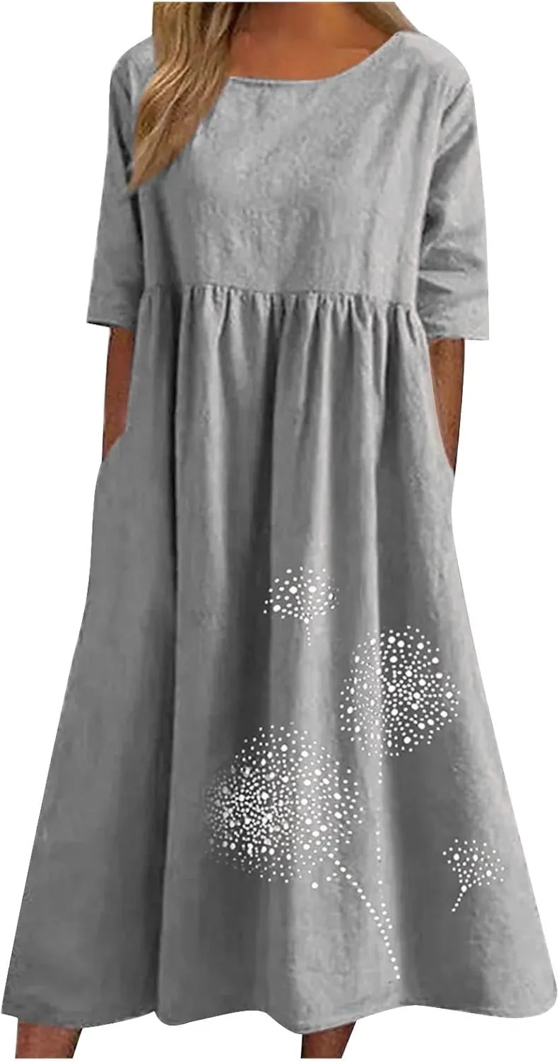Womens Summer Casual Cotton Linen Boho Dress Short Sleeve Linen Maxi Dresses Loose Plus Size Beach Dress with Pockets