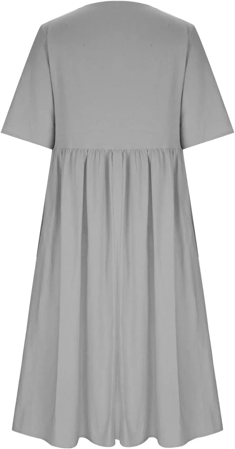 Womens Summer Casual Cotton Linen Boho Dress Short Sleeve Linen Maxi Dresses Loose Plus Size Beach Dress with Pockets