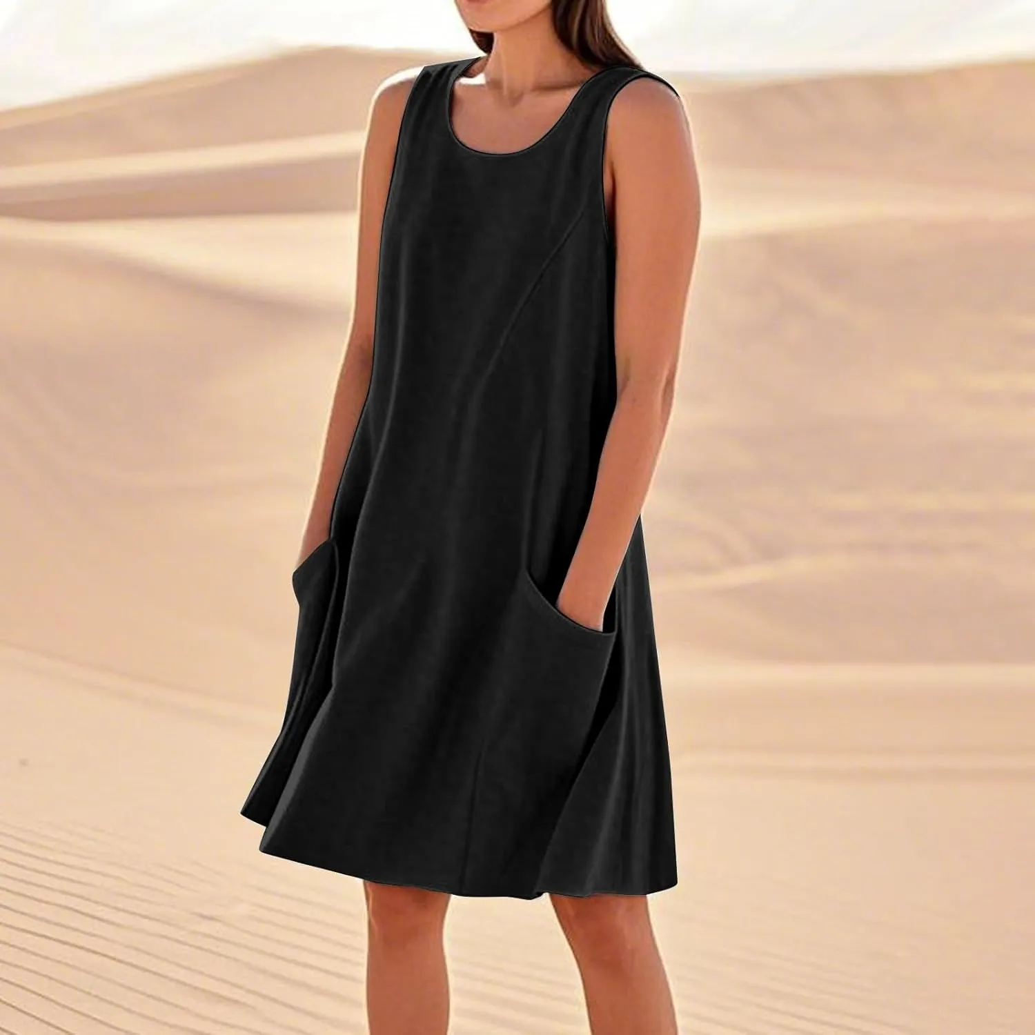 Women's Summer Casual Dress Sleeveless Cotton Linen Blend Floral Sundress Loose Beach Vacation Dress with Pockets