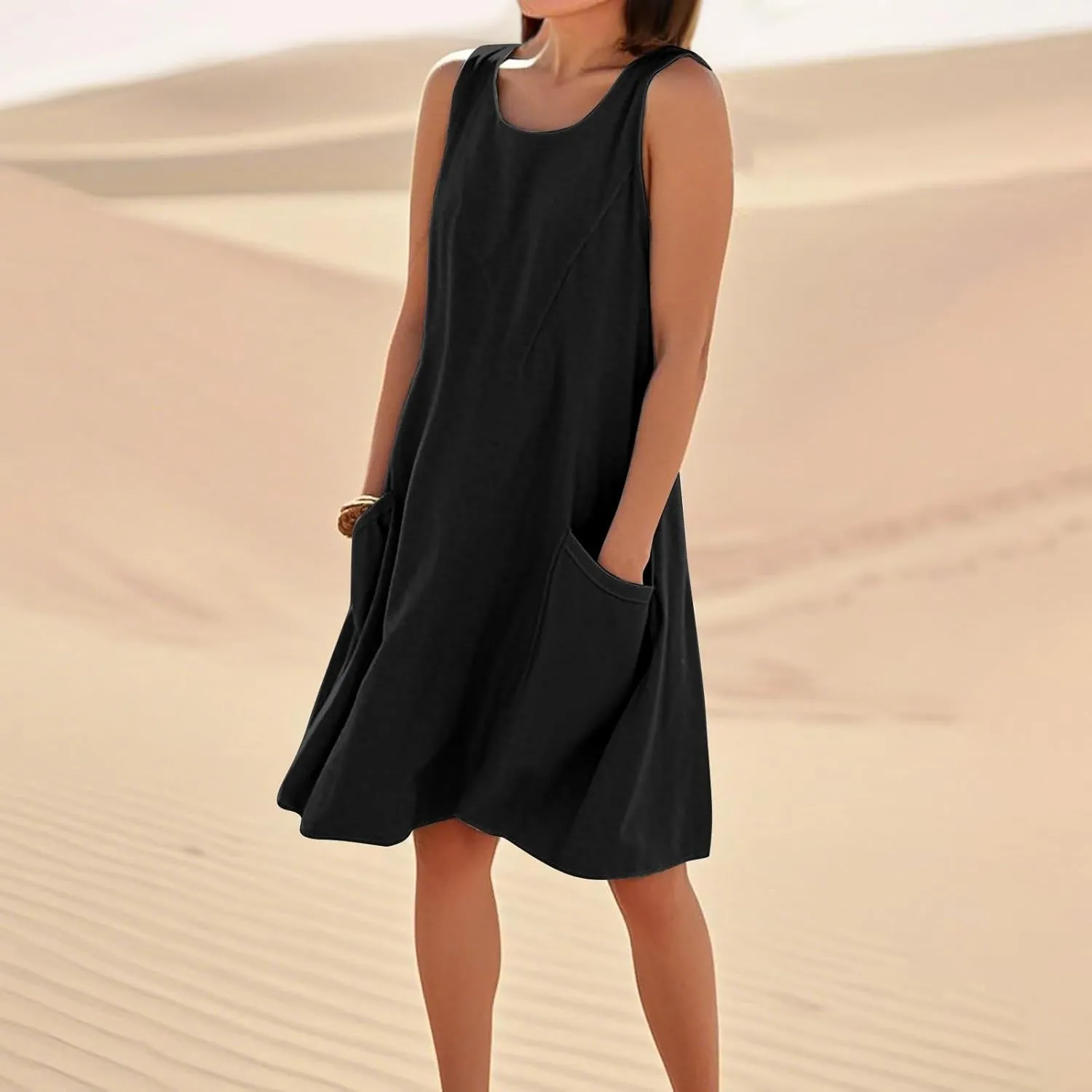 Women's Summer Casual Dress Sleeveless Cotton Linen Blend Floral Sundress Loose Beach Vacation Dress with Pockets