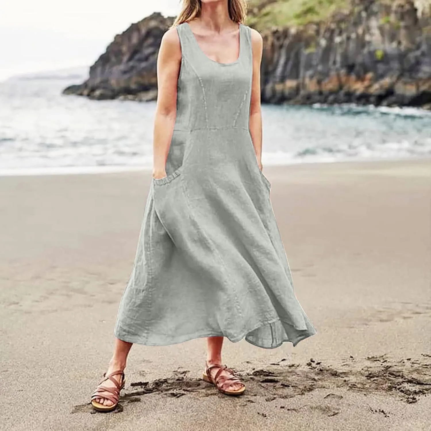 Women's Summer Casual Loose Maxi Dress 2024 Solid Color Sleeveless Round Neck Linen Dresses with Pockets, S-5XL
