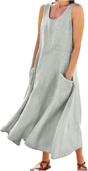 Women's Summer Casual Loose Maxi Dress 2024 Solid Color Sleeveless Round Neck Linen Dresses with Pockets, S-5XL