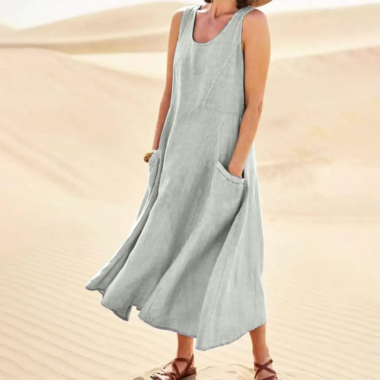 Women's Summer Casual Loose Maxi Dress 2024 Solid Color Sleeveless Round Neck Linen Dresses with Pockets, S-5XL