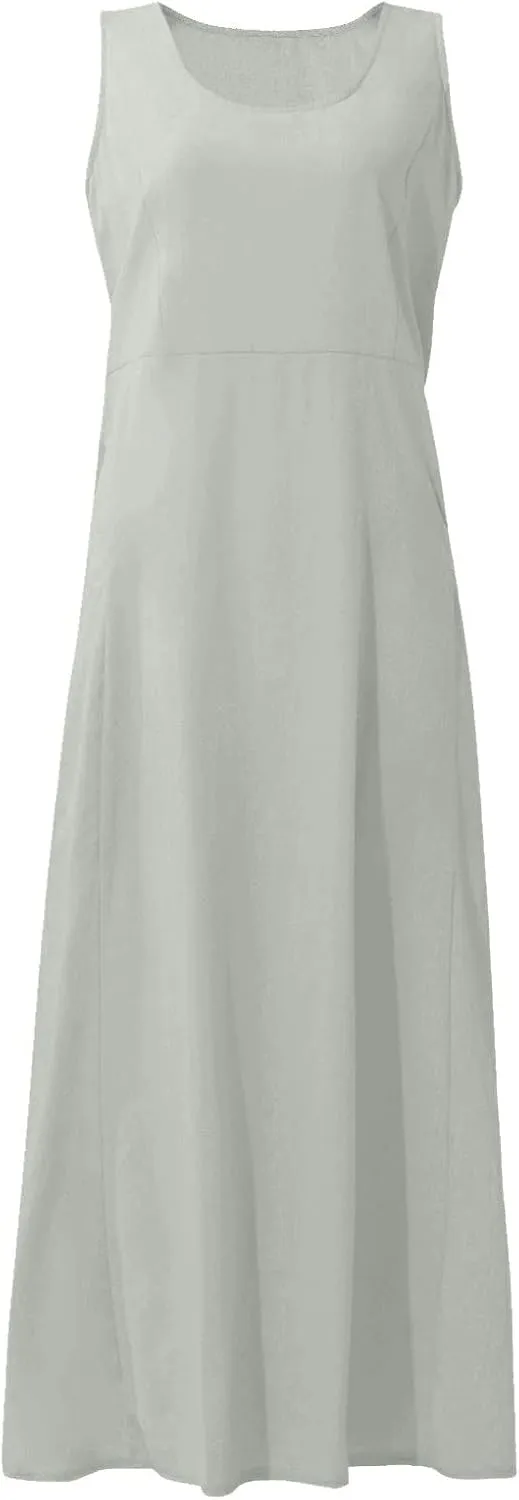 Women's Summer Casual Loose Maxi Dress 2024 Solid Color Sleeveless Round Neck Linen Dresses with Pockets, S-5XL
