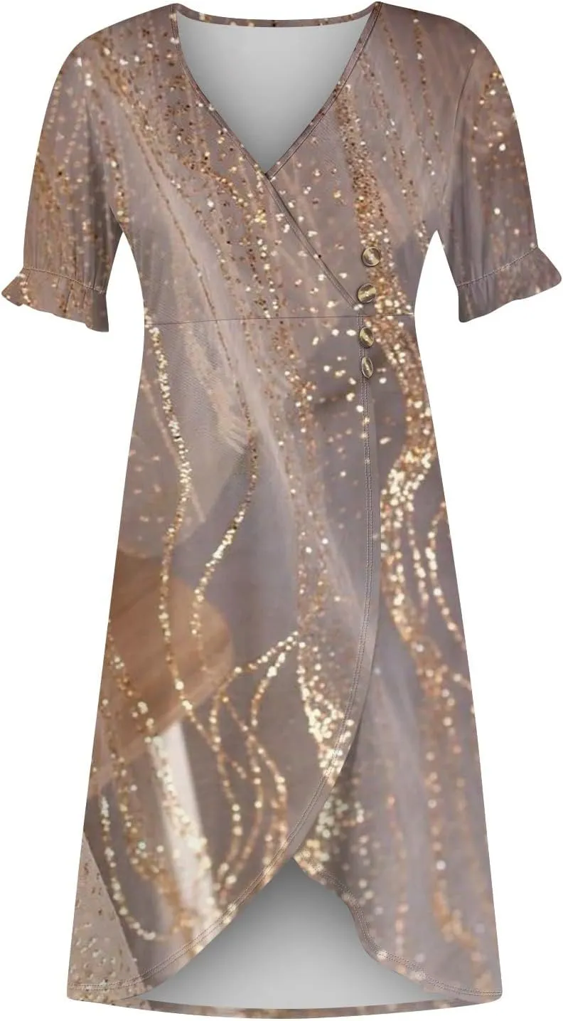 Women's Summer Casual Loose Short Sleeve V-Neck Floral Printed Solid Sun Beach Vacation Dress Plus Size, S-3XL