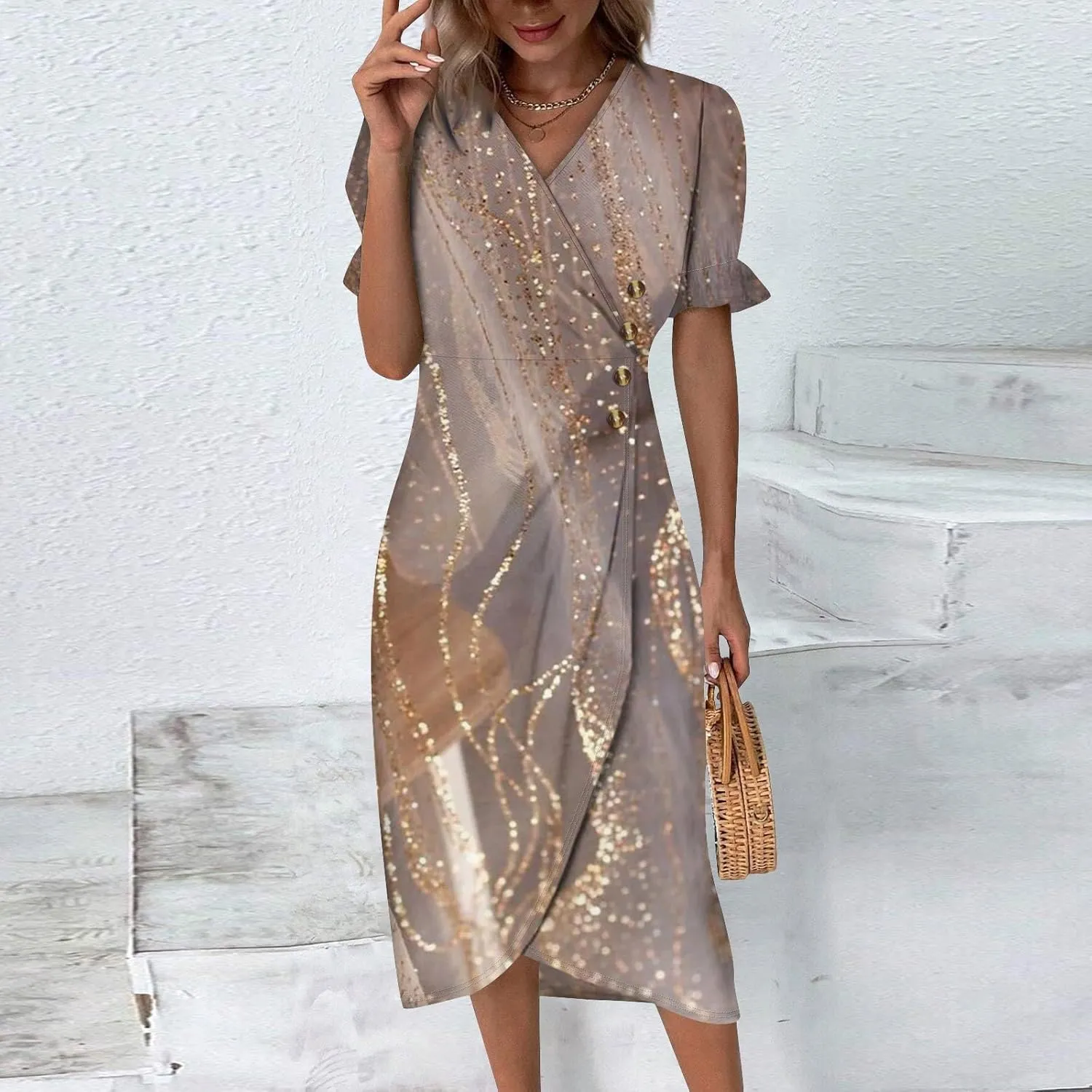 Women's Summer Casual Loose Short Sleeve V-Neck Floral Printed Solid Sun Beach Vacation Dress Plus Size, S-3XL