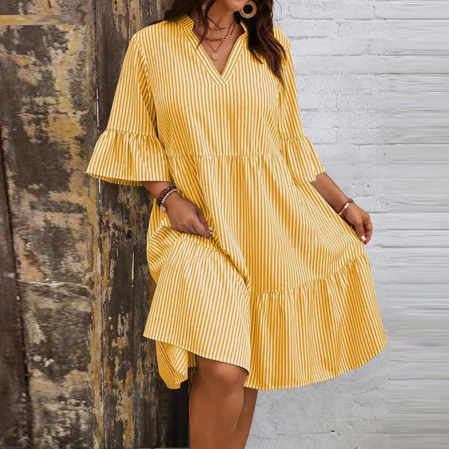 Women's Summer Casual Loose Trendy Dress V-Neck Short Sleeve Striped Printed Shirt Dresses Plus Size, XL-3XL