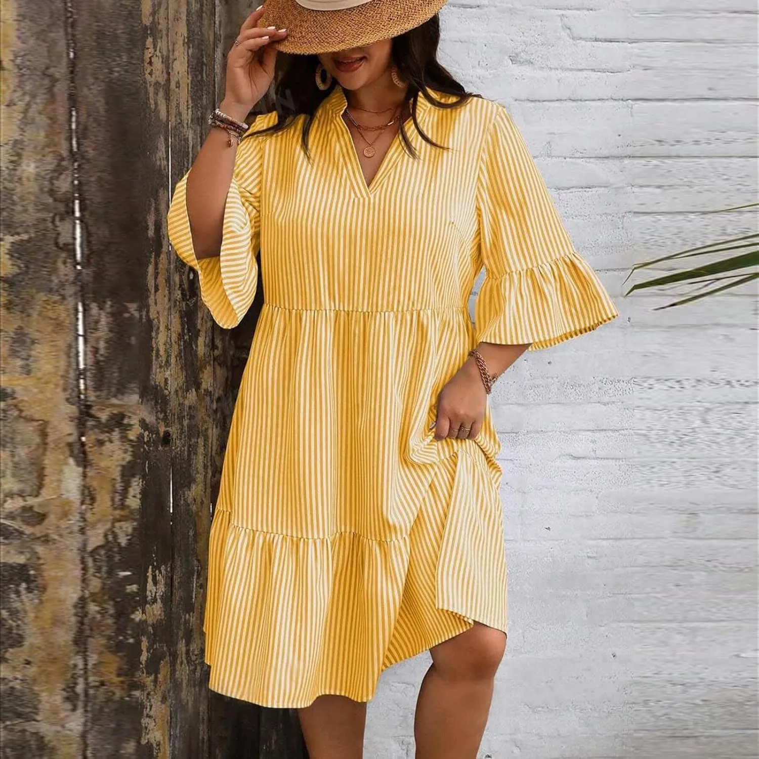 Women's Summer Casual Loose Trendy Dress V-Neck Short Sleeve Striped Printed Shirt Dresses Plus Size, XL-3XL