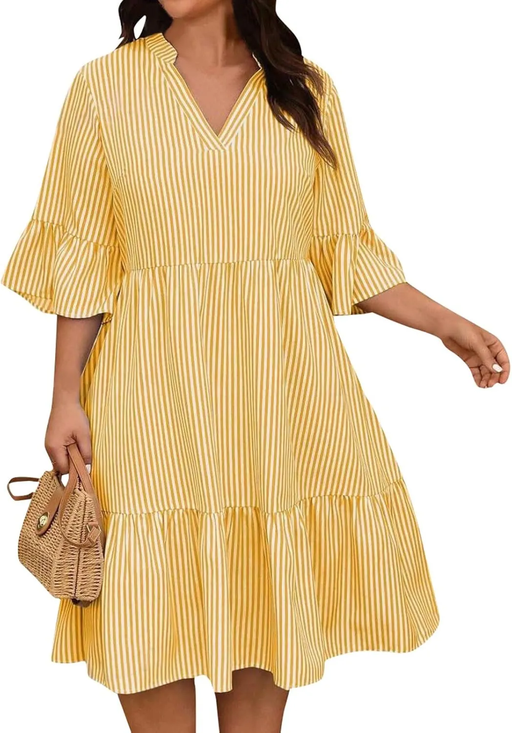Women's Summer Casual Loose Trendy Dress V-Neck Short Sleeve Striped Printed Shirt Dresses Plus Size, XL-3XL