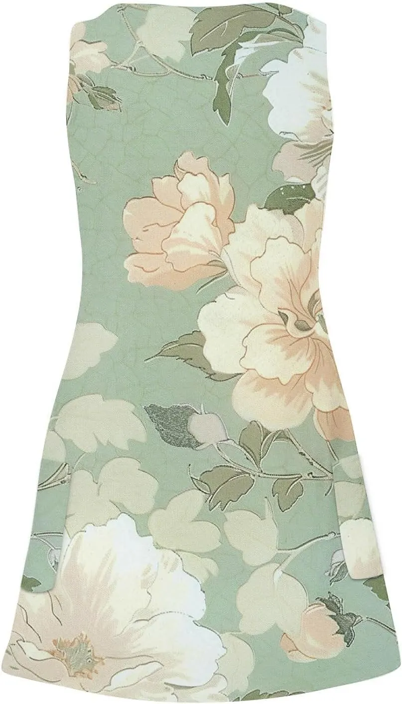 Women's Summer Casual Mini Dresses V-Neck Floral Print Beach Dress Beachwear Sleeveless Sundresses Boho Maxi Dress