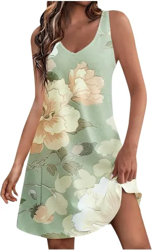 Women's Summer Casual Mini Dresses V-Neck Floral Print Beach Dress Beachwear Sleeveless Sundresses Boho Maxi Dress