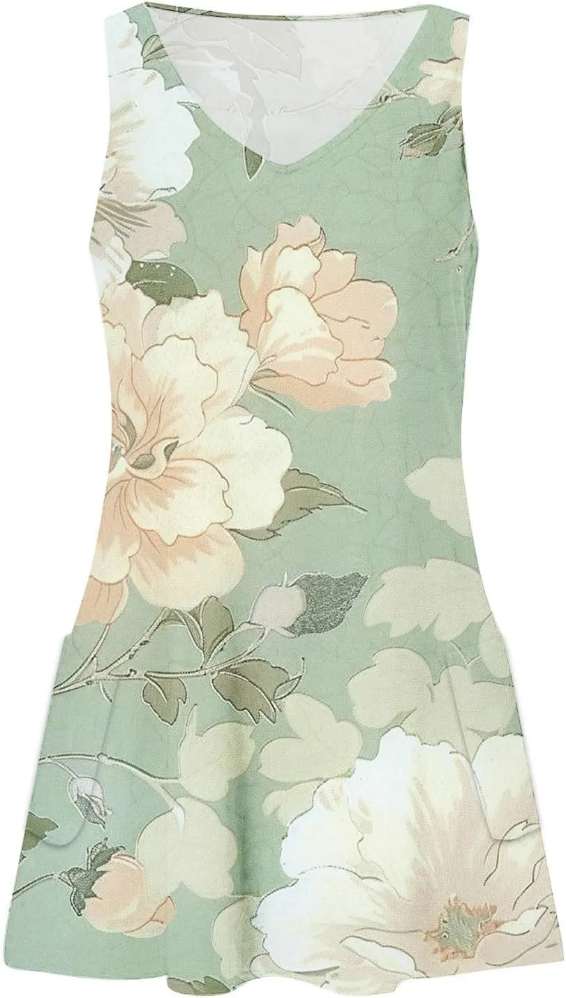 Women's Summer Casual Mini Dresses V-Neck Floral Print Beach Dress Beachwear Sleeveless Sundresses Boho Maxi Dress