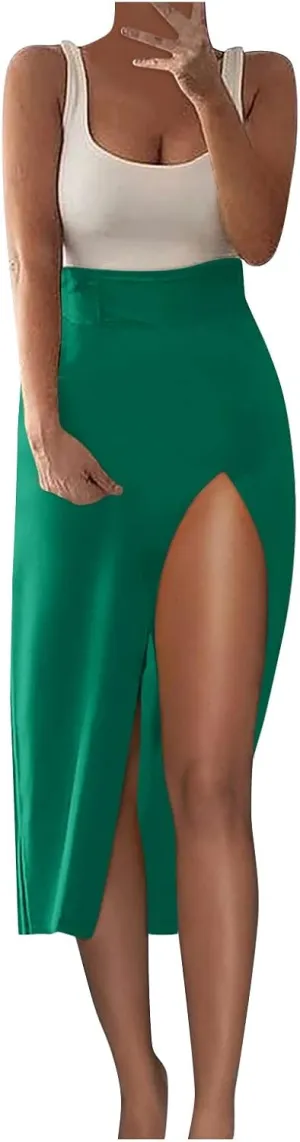 Women's Summer Casual Sexy High Waist Solid Irregular Split Beach Midi Skirt