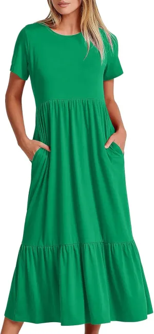 Women's Summer Casual Short Sleeve Crewneck Long Dress Solid Flowy Tiered Maxi Beach Dress with Pockets